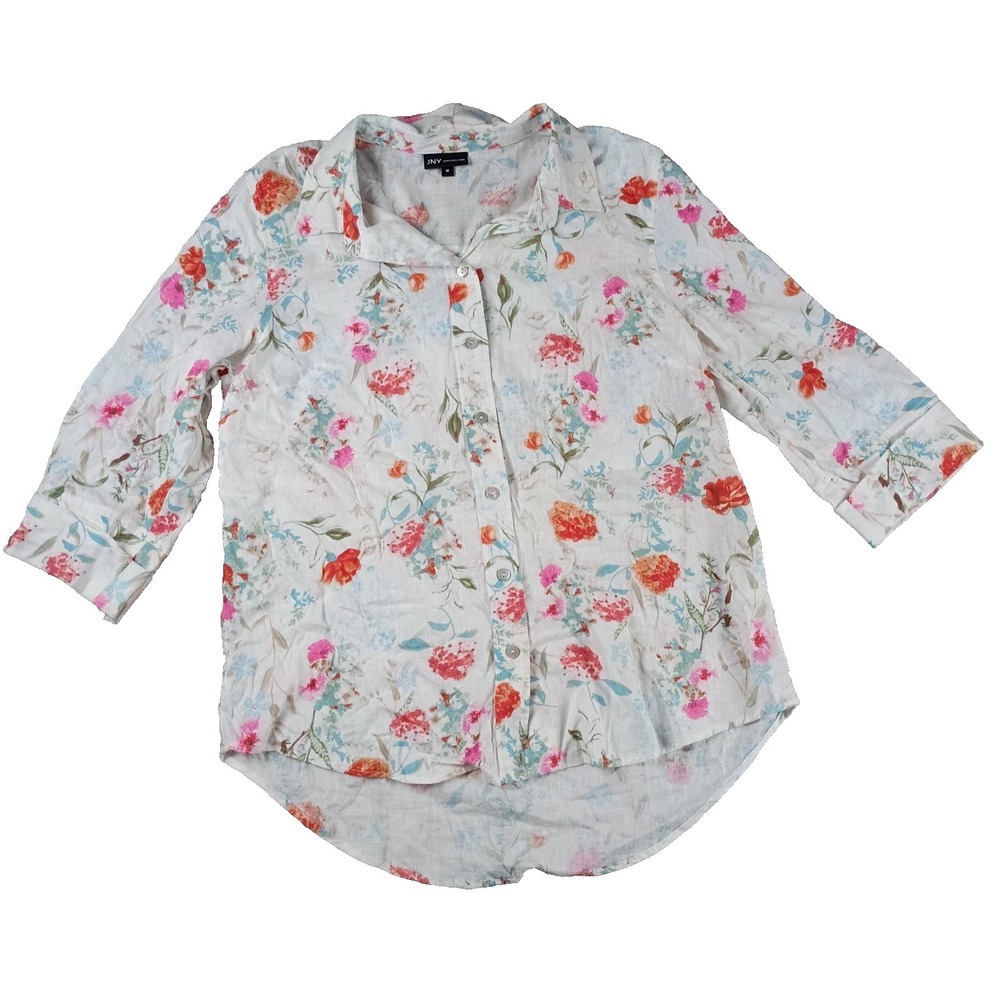 Jones New York Medium Shirt Top JNY Floral Linen Blend Button Up Tunic Blouse